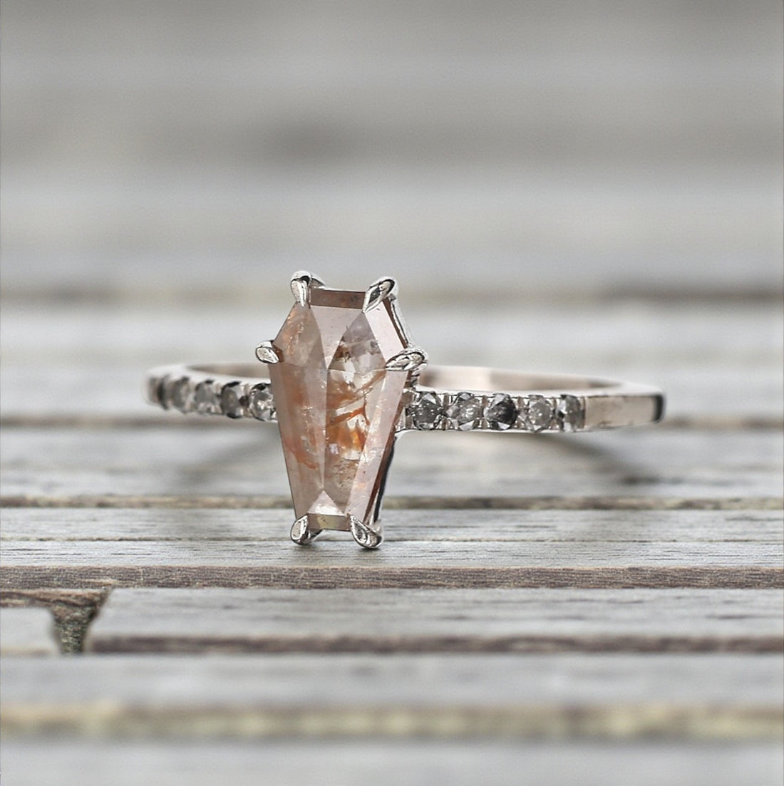 Salt and Pepper Diamond Ring, 14K Gold Engagement Ring, Natural Coffin Orange Diamond Ring, Gift for Her