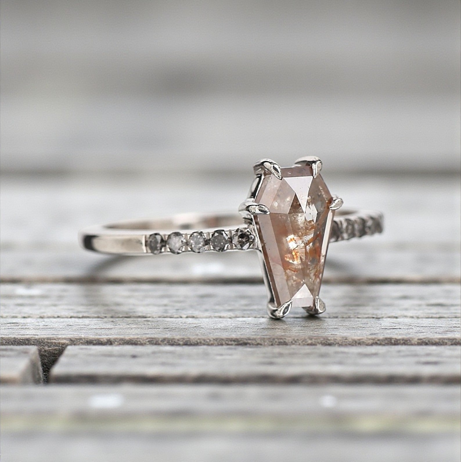 Salt and Pepper Diamond Ring, 14K Gold Engagement Ring, Natural Coffin Orange Diamond Ring, Gift for Her