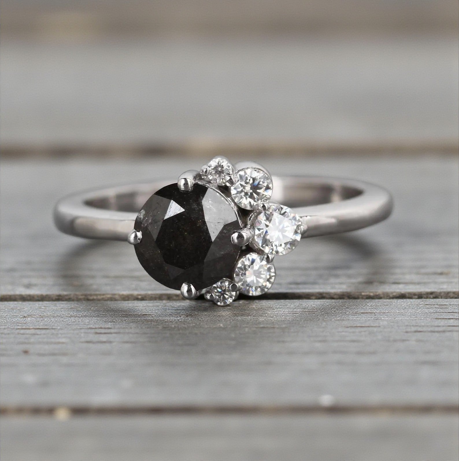 Salt and Pepper Diamond Ring, 14K Gold Engagement Ring, Natural Round Gray Diamond Ring, Handmade Gift for Her