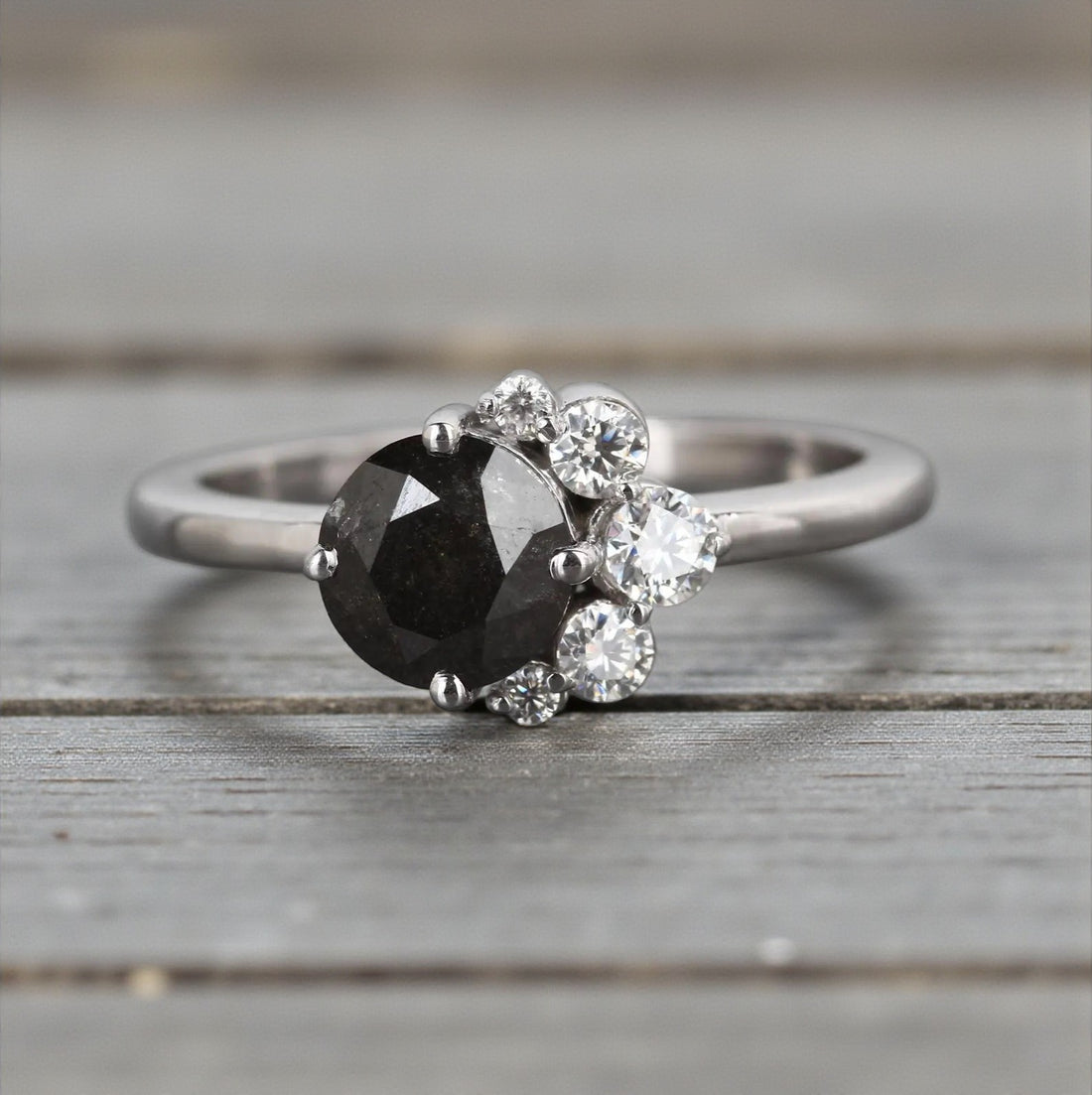 Salt and Pepper Diamond Ring, 14K Gold Engagement Ring, Natural Round Gray Diamond Ring, Handmade Gift for Her