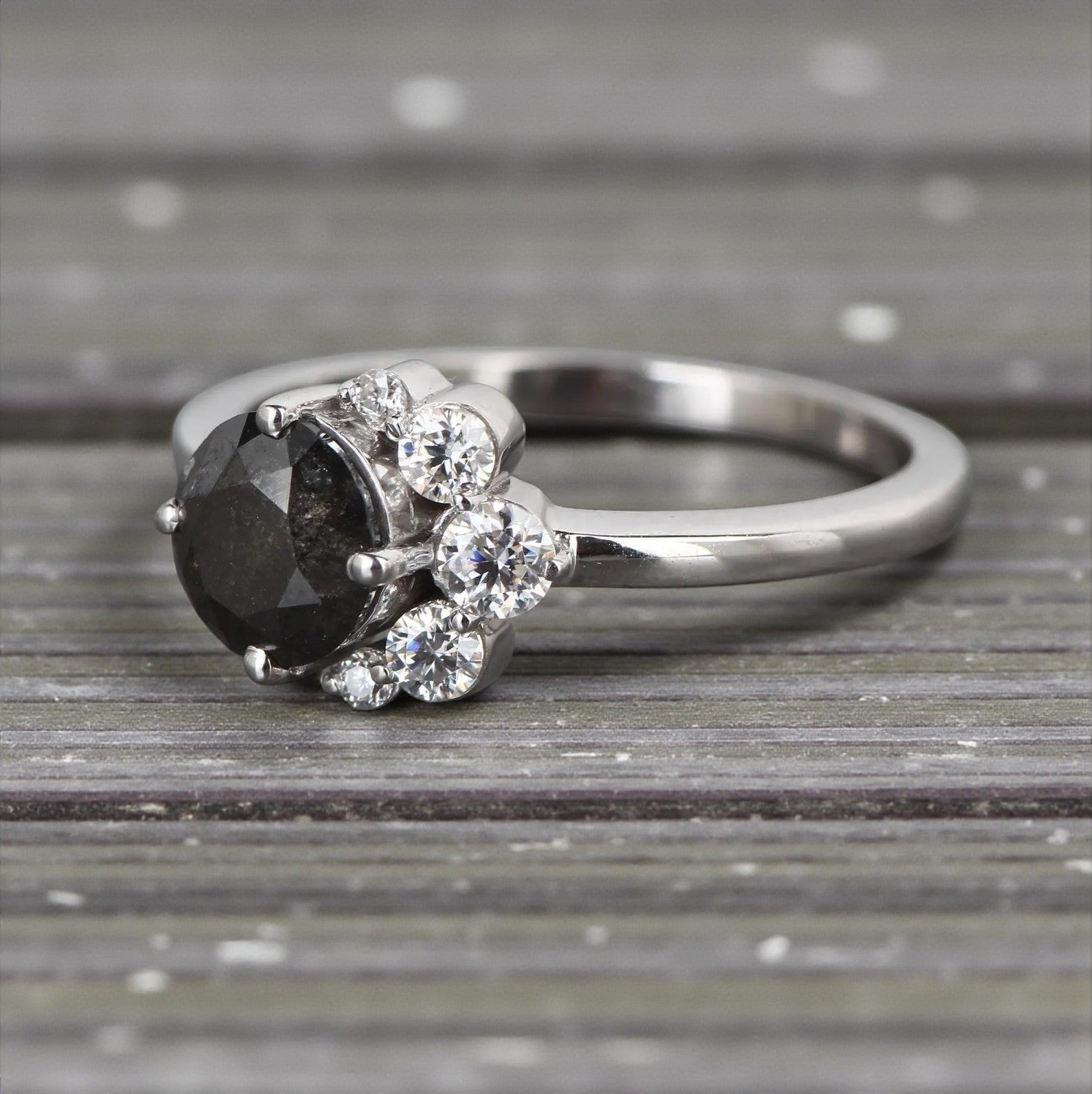 Salt and Pepper Diamond Ring, 14K Gold Engagement Ring, Natural Round Gray Diamond Ring, Handmade Gift for Her