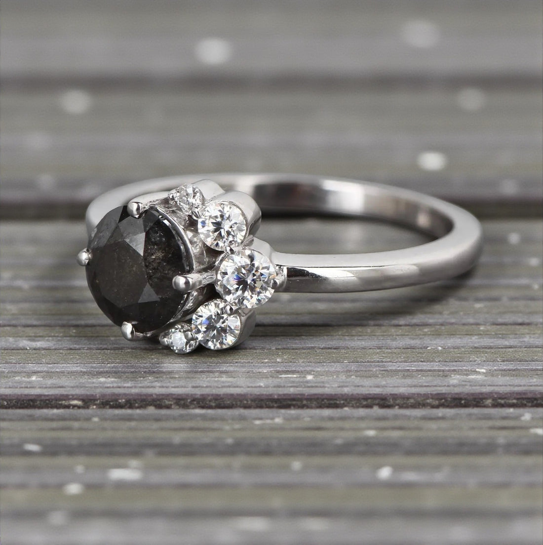 Salt and Pepper Diamond Ring, 14K Gold Engagement Ring, Natural Round Gray Diamond Ring, Handmade Gift for Her