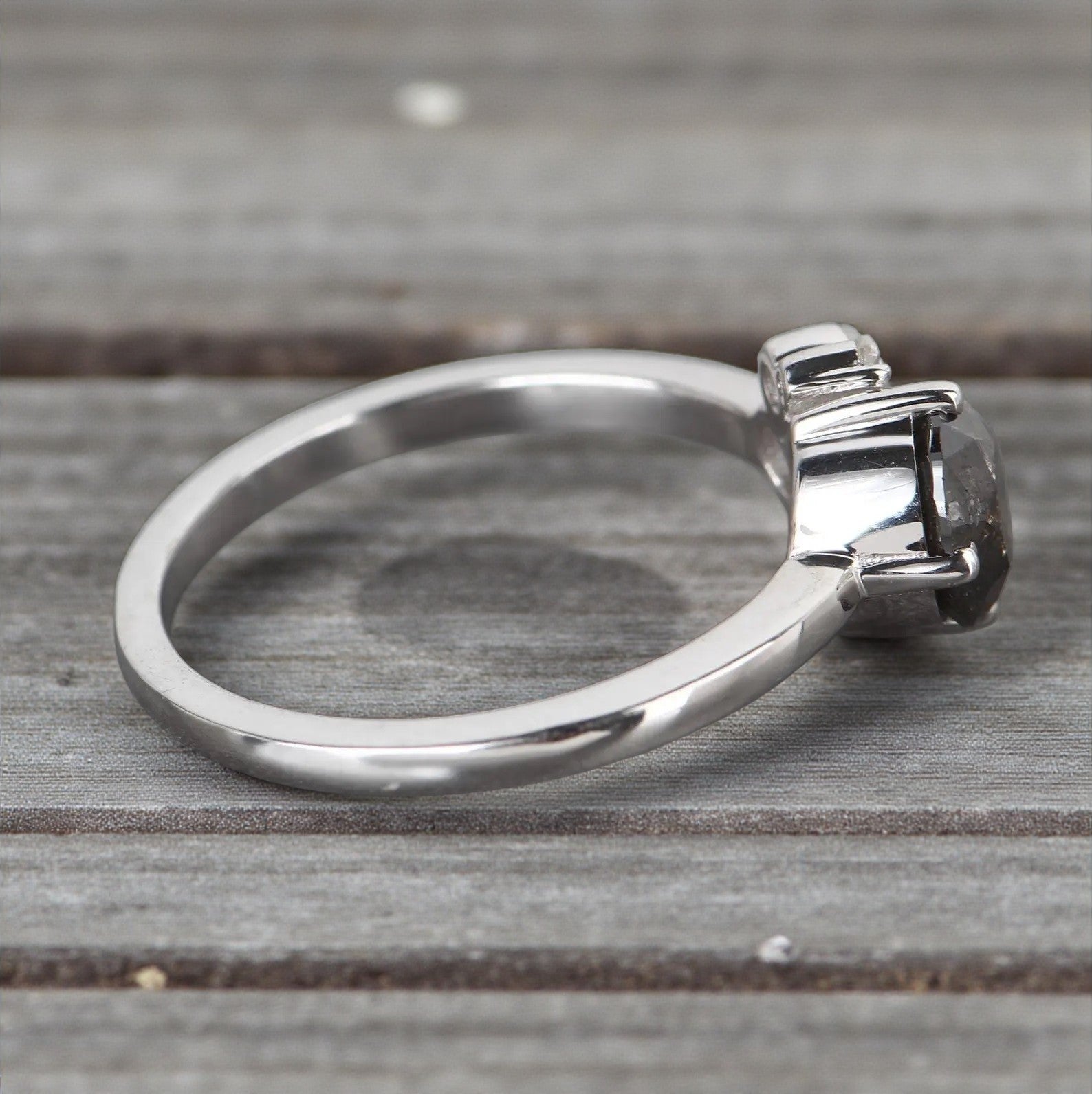 Salt and Pepper Diamond Ring, 14K Gold Engagement Ring, Natural Round Gray Diamond Ring, Handmade Gift for Her