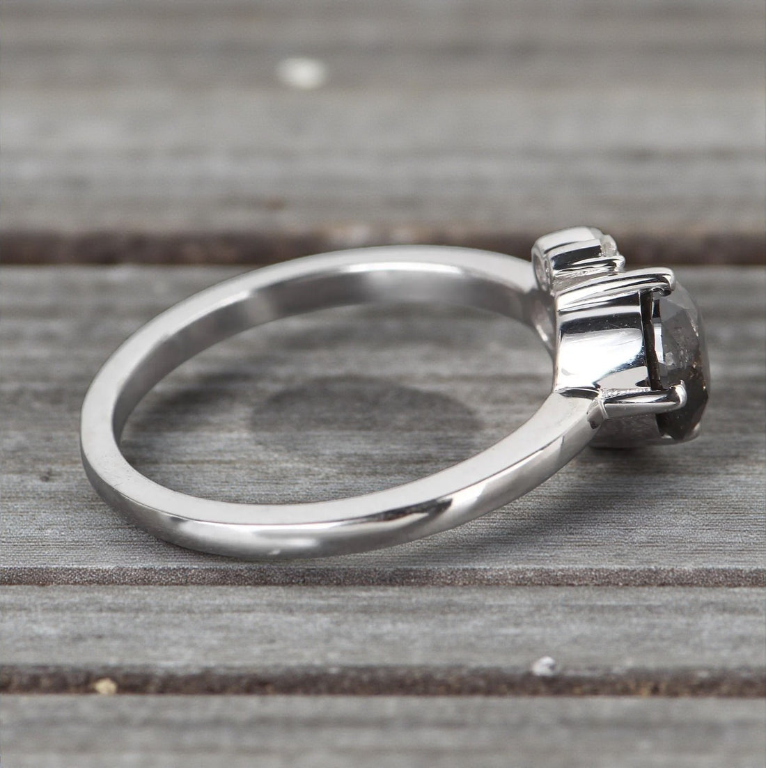 Salt and Pepper Diamond Ring, 14K Gold Engagement Ring, Natural Round Gray Diamond Ring, Handmade Gift for Her