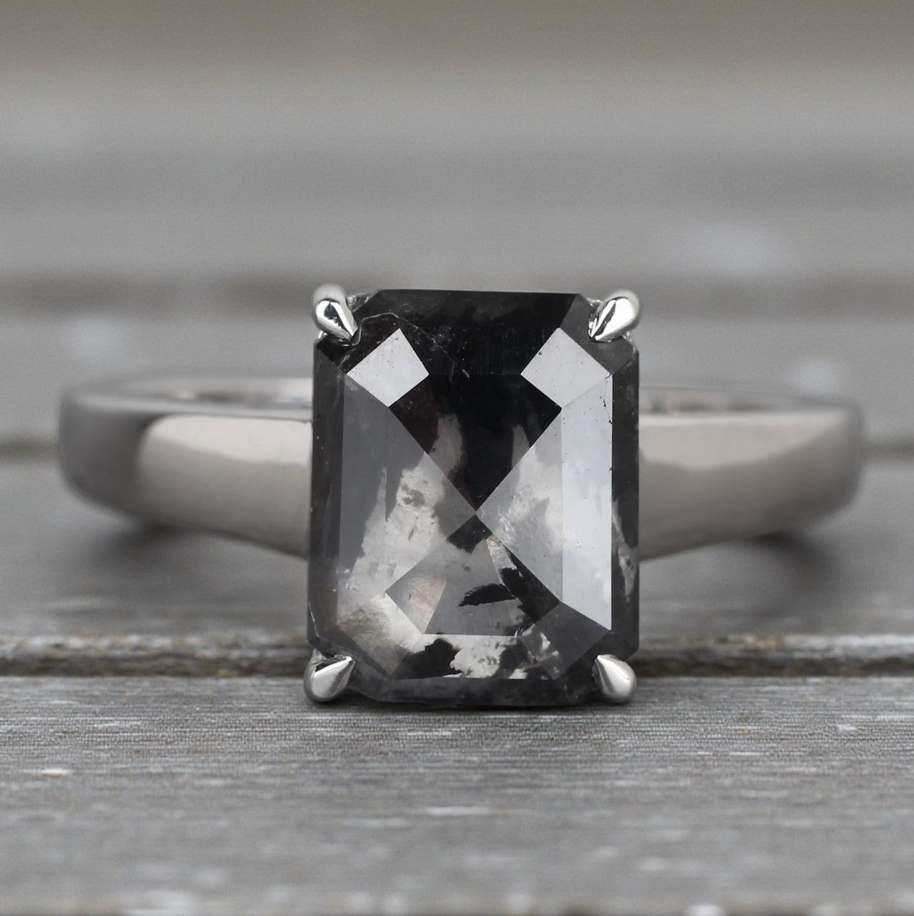 Salt and Pepper Diamond Ring, 14k Gold Engagement Ring, Natural Gray Emerald Diamond Ring, Gift for Women