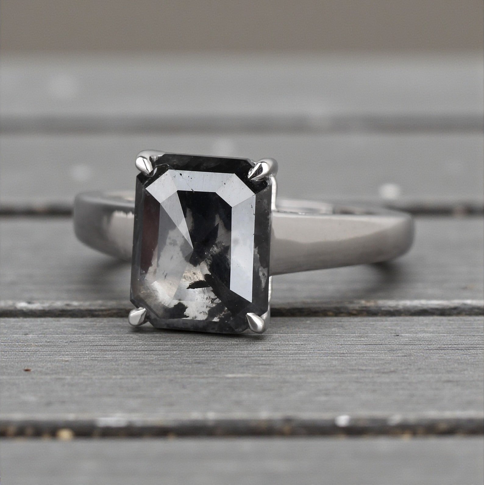 Salt and Pepper Diamond Ring, 14k Gold Engagement Ring, Natural Gray Emerald Diamond Ring, Gift for Women