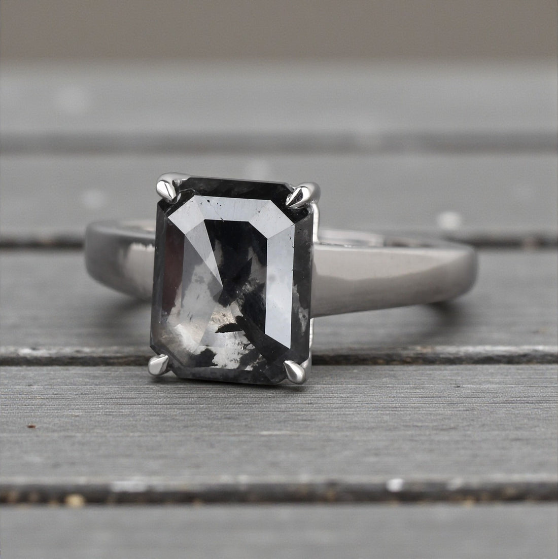Salt and Pepper Diamond Ring, 14k Gold Engagement Ring, Natural Gray Emerald Diamond Ring, Gift for Women