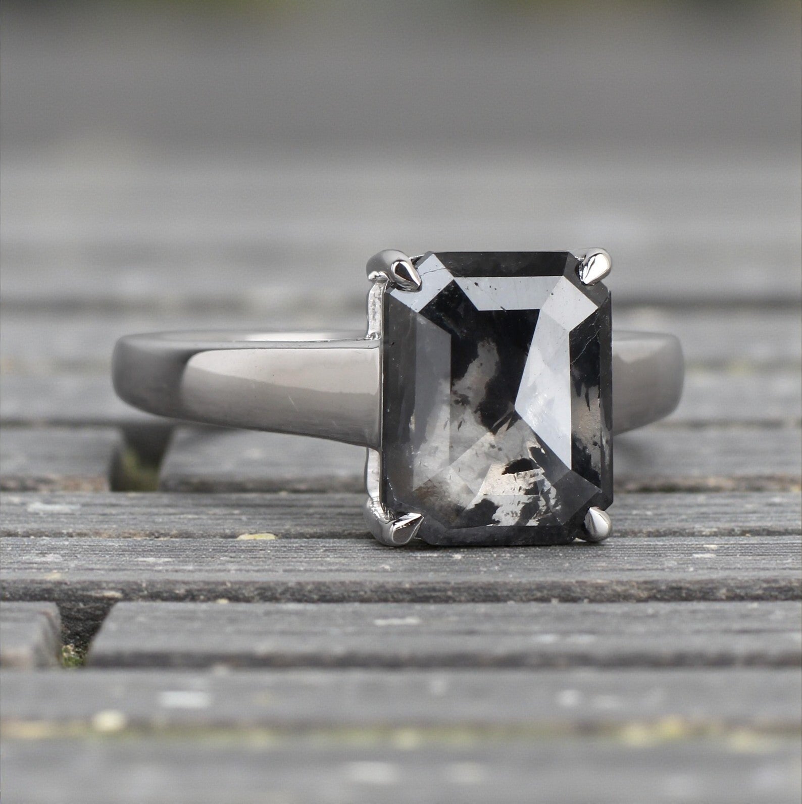 Salt and Pepper Diamond Ring, 14k Gold Engagement Ring, Natural Gray Emerald Diamond Ring, Gift for Women