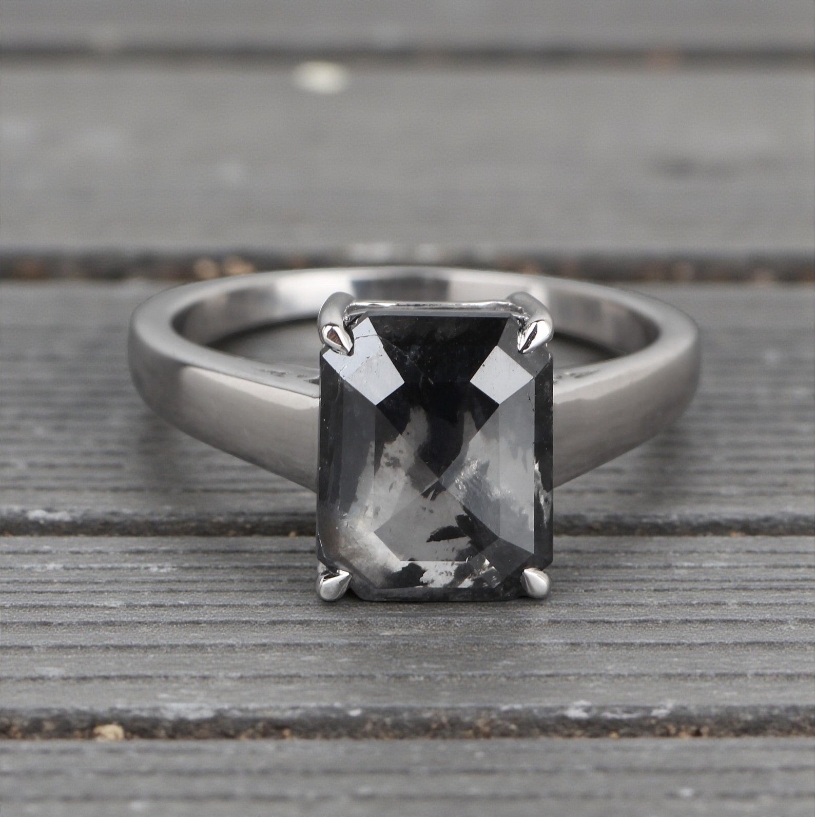 Salt and Pepper Diamond Ring, 14k Gold Engagement Ring, Natural Gray Emerald Diamond Ring, Gift for Women