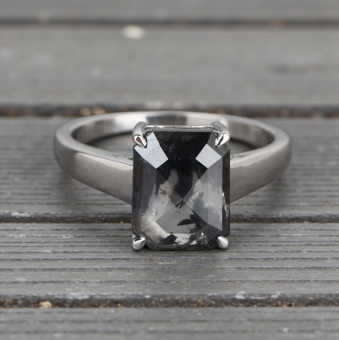 Salt and Pepper Diamond Ring, 14k Gold Engagement Ring, Natural Gray Emerald Diamond Ring, Gift for Women