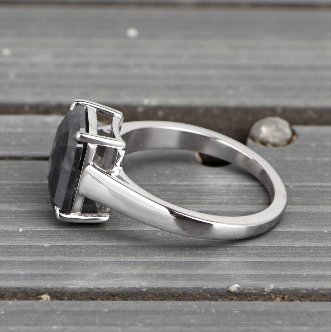 Salt and Pepper Diamond Ring, 14k Gold Engagement Ring, Natural Gray Emerald Diamond Ring, Gift for Women