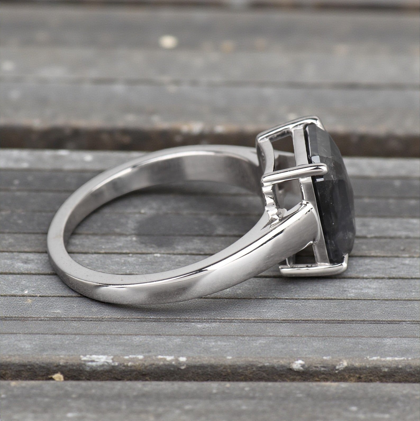 Salt and Pepper Diamond Ring, 14k Gold Engagement Ring, Natural Gray Emerald Diamond Ring, Gift for Women