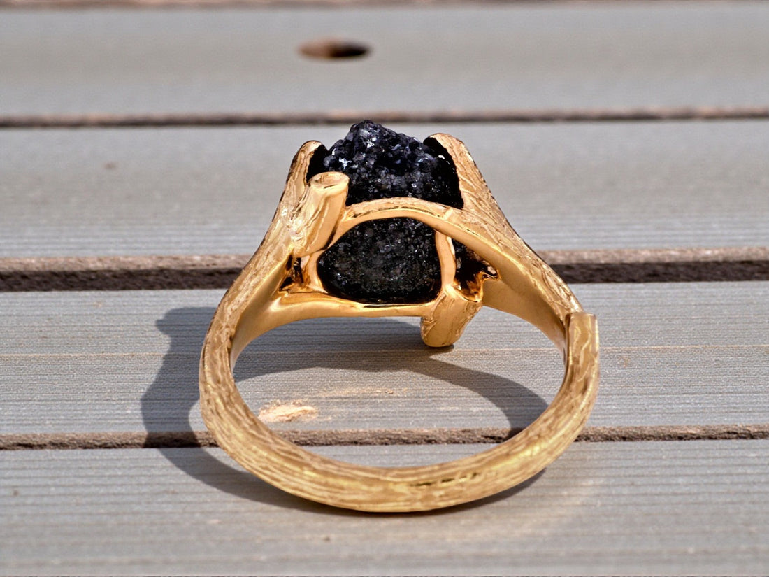 5.60 Ct Raw Diamond Ring, 14k Gold Engagement Ring, Natural Black Rough Diamond Ring, Unique Gift for Her