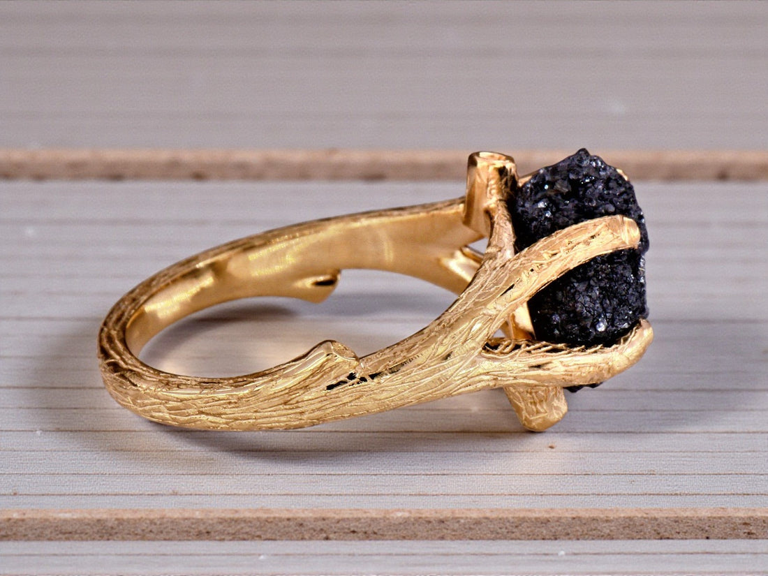 5.60 Ct Raw Diamond Ring, 14k Gold Engagement Ring, Natural Black Rough Diamond Ring, Unique Gift for Her