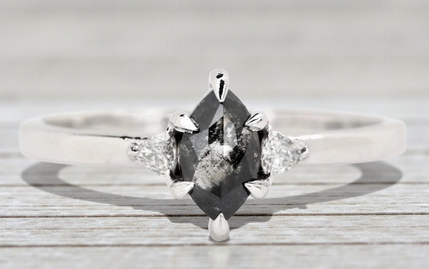 Salt and Pepper Diamond Ring, 14K Gold Engagement Ring, Natural Marquise Gray Diamond Ring, Handmade Gift for Women