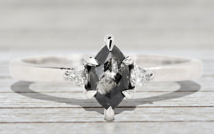 Salt and Pepper Diamond Ring, 14K Gold Engagement Ring, Natural Marquise Gray Diamond Ring, Handmade Gift for Women