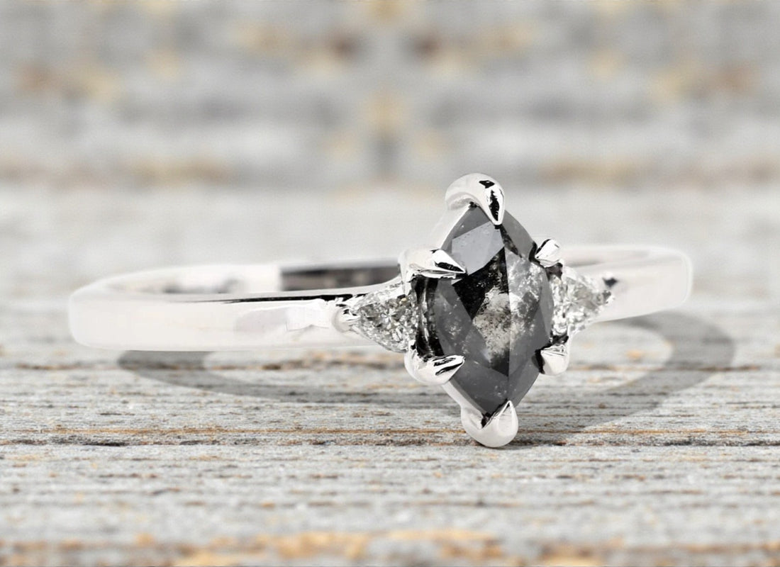 Salt and Pepper Diamond Ring, 14K Gold Engagement Ring, Natural Marquise Gray Diamond Ring, Handmade Gift for Women