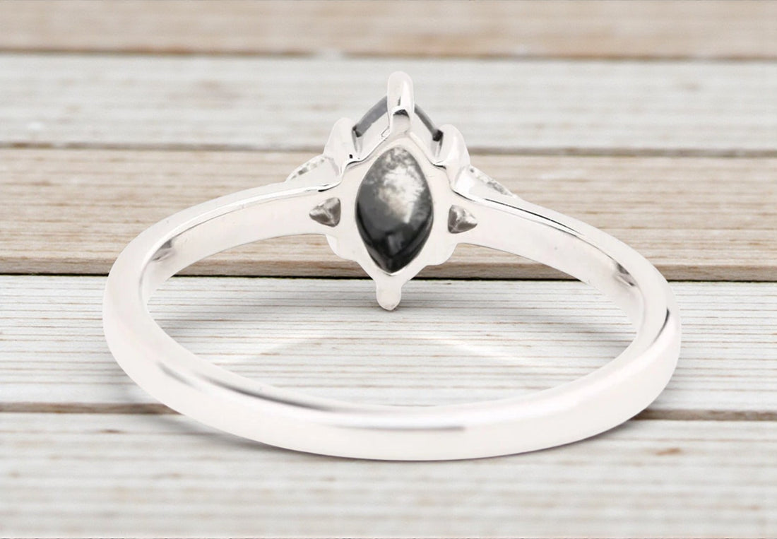 Salt and Pepper Diamond Ring, 14K Gold Engagement Ring, Natural Marquise Gray Diamond Ring, Handmade Gift for Women