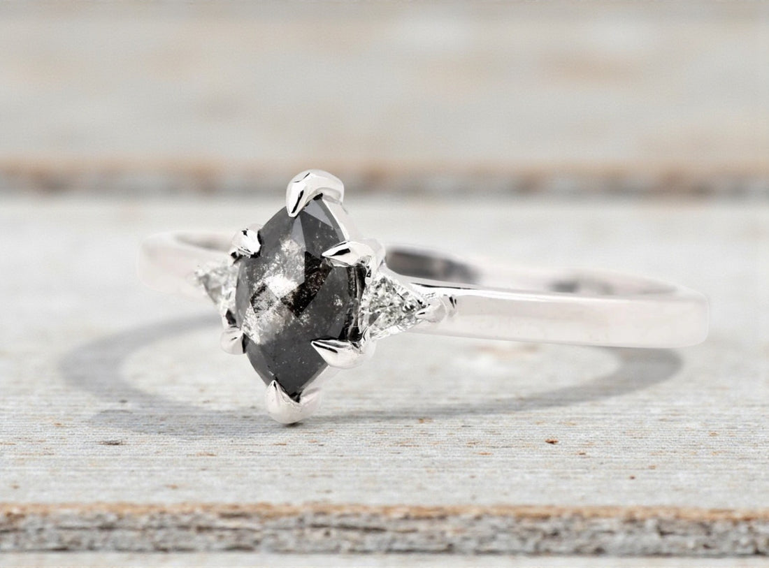 Salt and Pepper Diamond Ring, 14K Gold Engagement Ring, Natural Marquise Gray Diamond Ring, Handmade Gift for Women