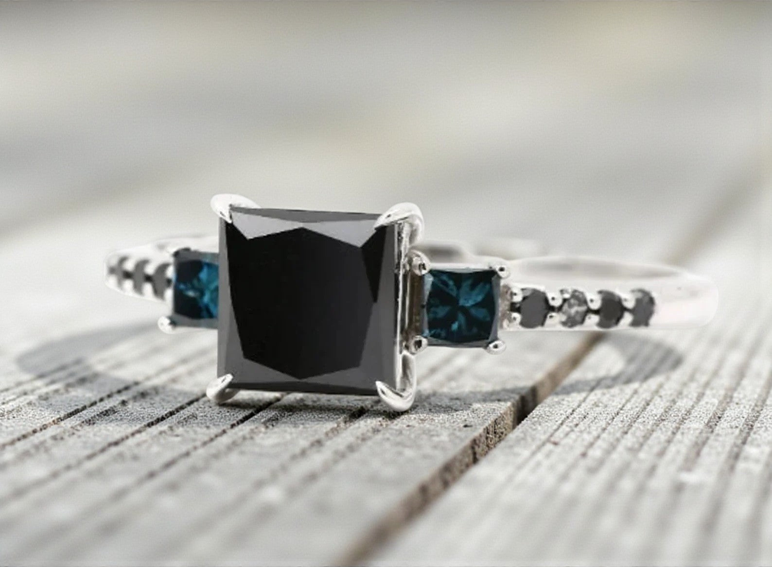 Black Diamond Ring, 14k Gold Engagement Ring, Natural Princess Diamond Ring, Gift for Her