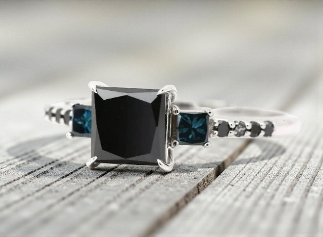 Black Diamond Ring, 14k Gold Engagement Ring, Natural Princess Diamond Ring, Gift for Her