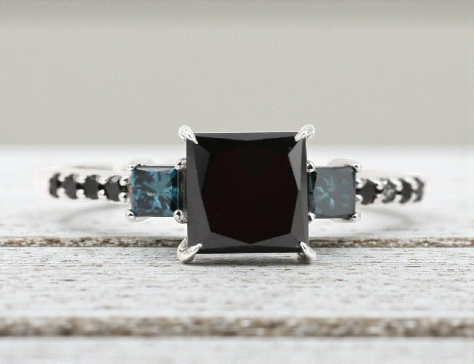 Black Diamond Ring, 14k Gold Engagement Ring, Natural Princess Diamond Ring, Gift for Her