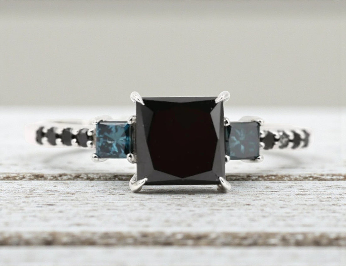 Black Diamond Ring, 14k Gold Engagement Ring, Natural Princess Diamond Ring, Gift for Her