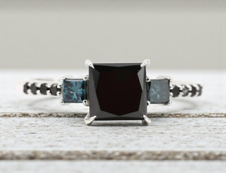Black Diamond Ring, 14k Gold Engagement Ring, Natural Princess Diamond Ring, Gift for Her