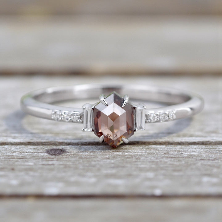 Salt and Pepper Diamond Ring, 14K Gold Engagement Ring, Natural Brown Hexagon Diamond Ring, Gift for Her