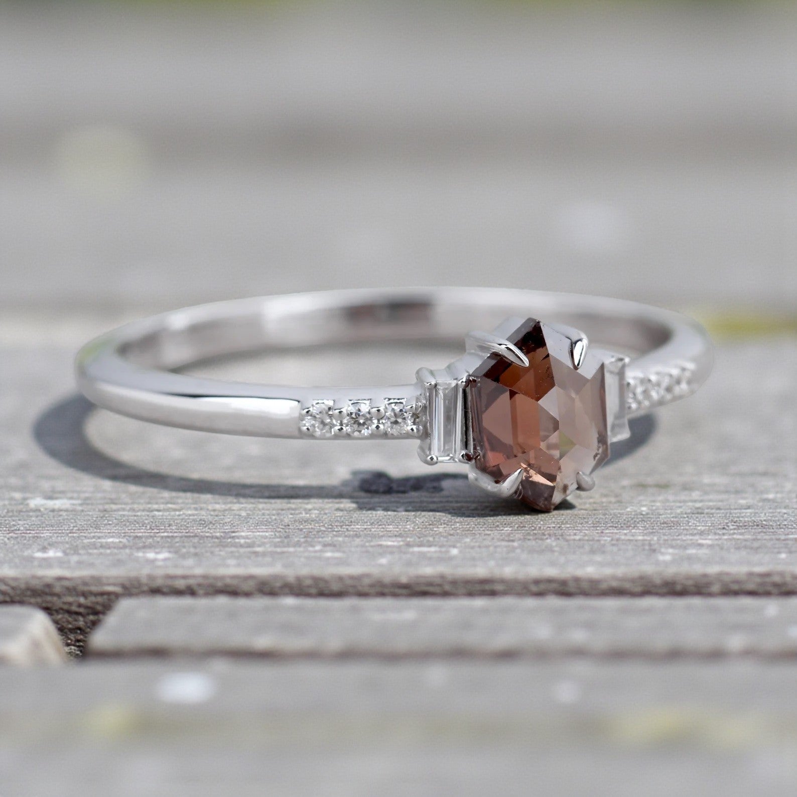 Salt and Pepper Diamond Ring, 14K Gold Engagement Ring, Natural Brown Hexagon Diamond Ring, Gift for Her
