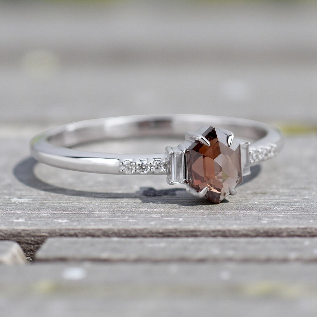 Salt and Pepper Diamond Ring, 14K Gold Engagement Ring, Natural Brown Hexagon Diamond Ring, Gift for Her