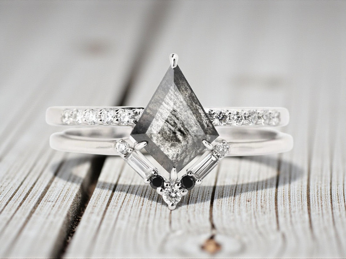 Kite Salt and Pepper Diamond Ring, 14K Gold Engagement Ring, Natural Gray Diamond Ring, Gift for Her