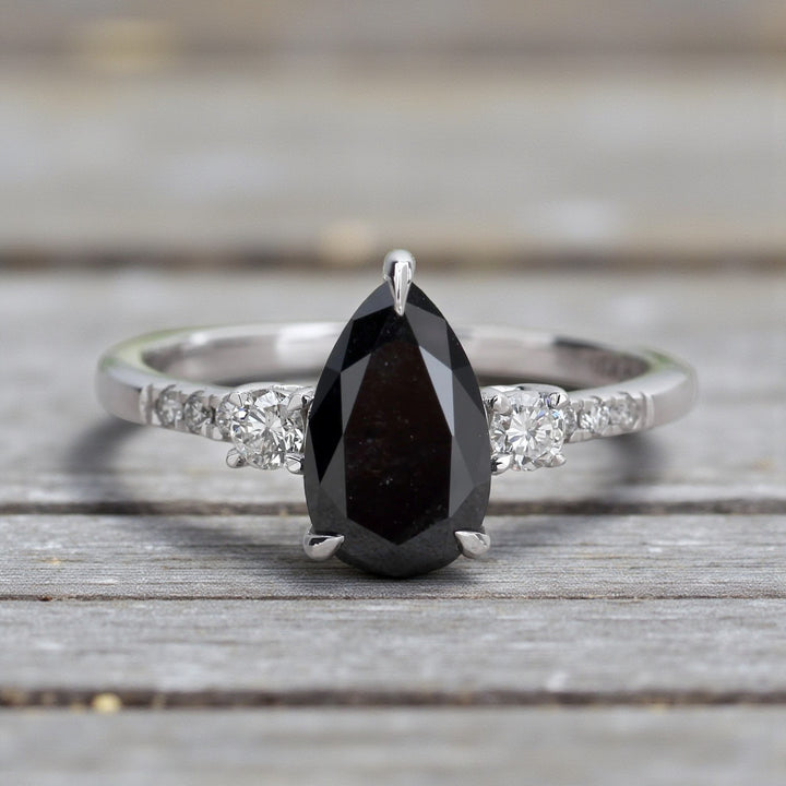 Pear Diamond Ring 14K Gold Engagement Ring, Natural Black Diamond Ring, Gift for Her