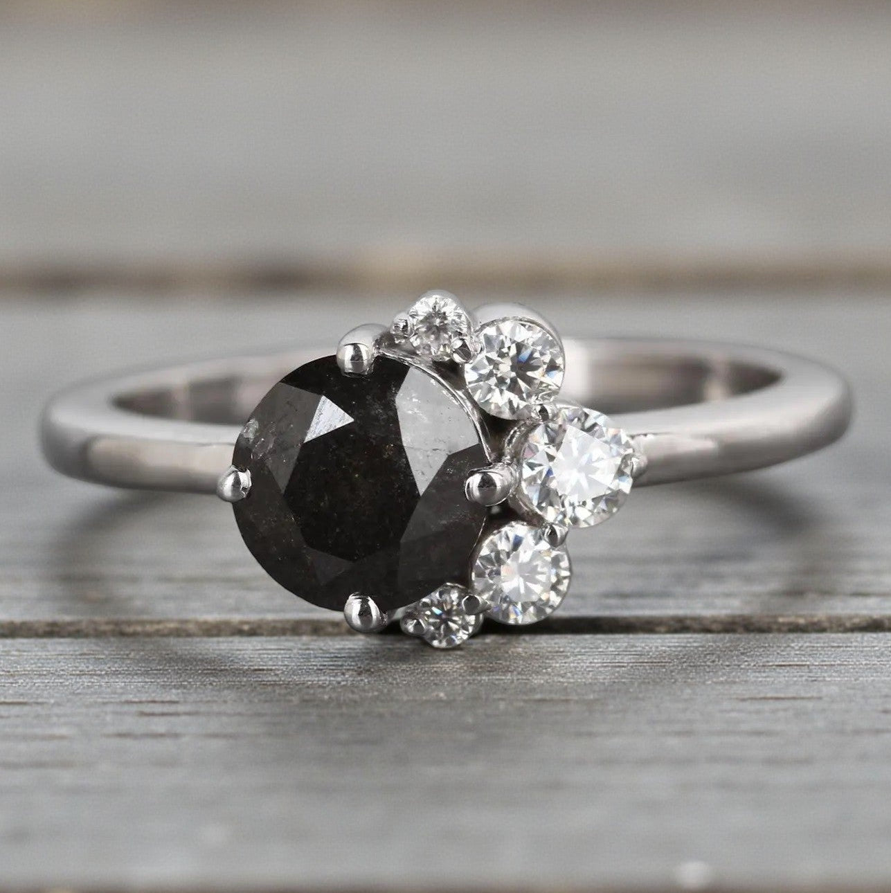 Salt and Pepper Diamond Ring, 14K Gold Engagement Ring, Natural Round Gray Diamond Ring, Handmade Gift for Her