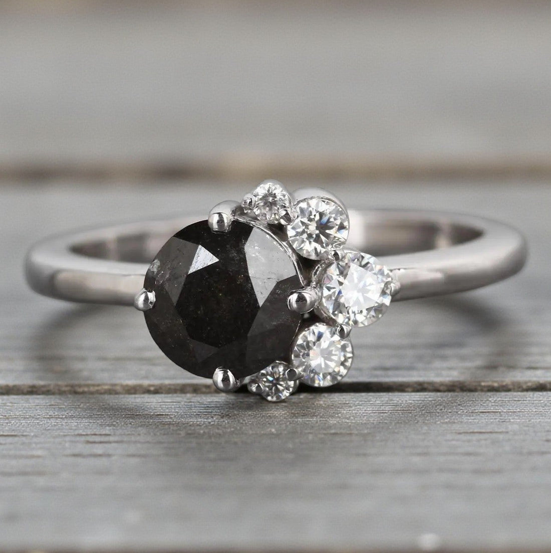 Salt and Pepper Diamond Ring, 14K Gold Engagement Ring, Natural Round Gray Diamond Ring, Handmade Gift for Her