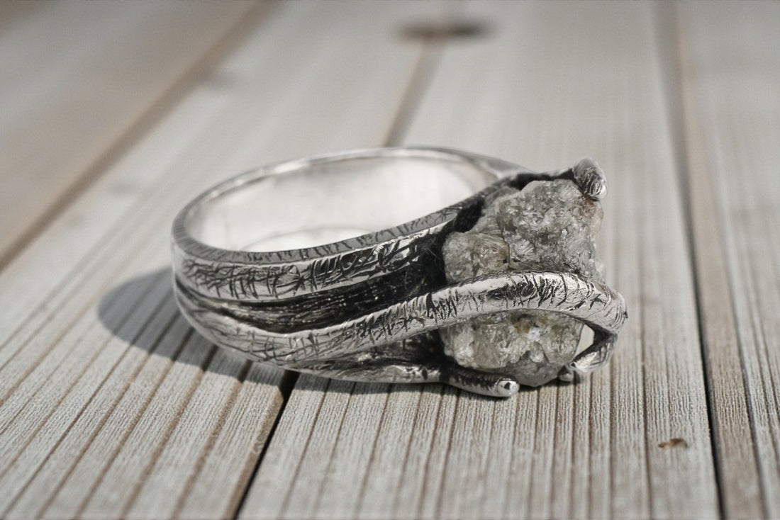 7.60 Ct Salt and Pepper Raw Diamond Ring, 14k Gold Engagement Ring, Natural Gray Rough Diamond Ring, Gift for Women