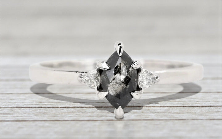 Salt and Pepper Diamond Ring, 14K Gold Engagement Ring, Natural Marquise Gray Diamond Ring, Handmade Gift for Women