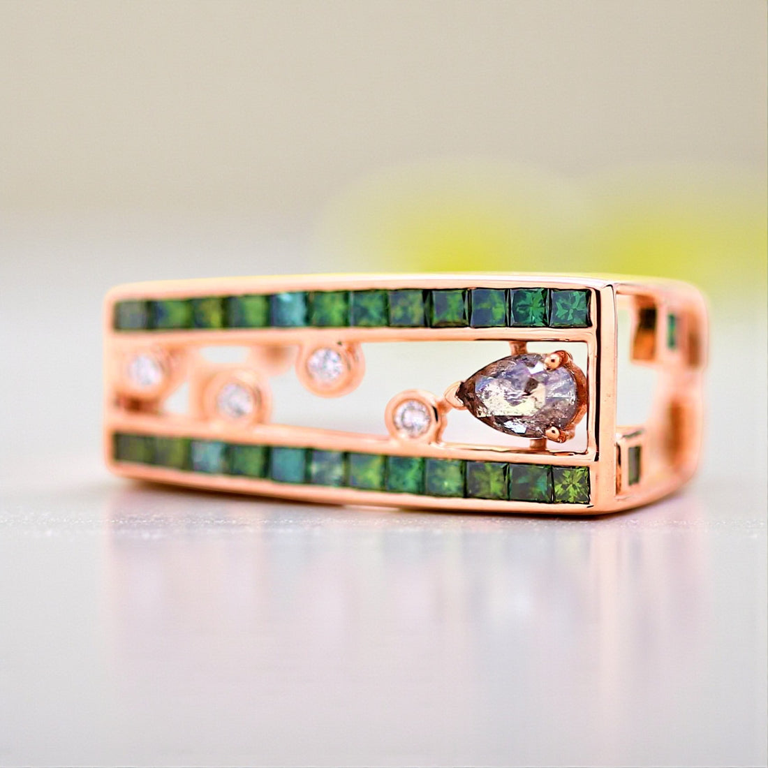 Green Princess Diamond Ring, 14K Gold Engagement Ring, Natural Pear Diamond Ring, Gift for Her