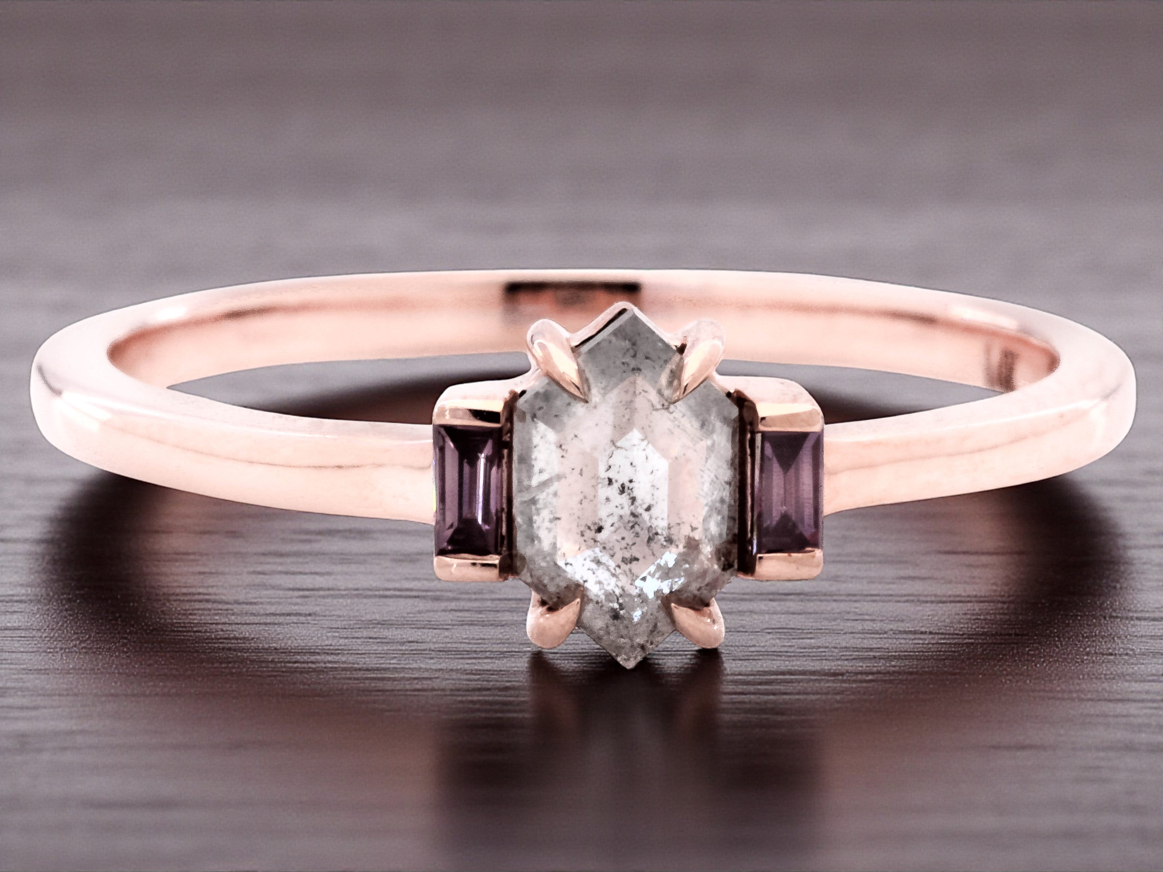 Salt and Pepper Diamond Ring 14K Gold Anniversary Ring, Natural Gray Hexagon Diamond Engagement Ring, Gift for Her