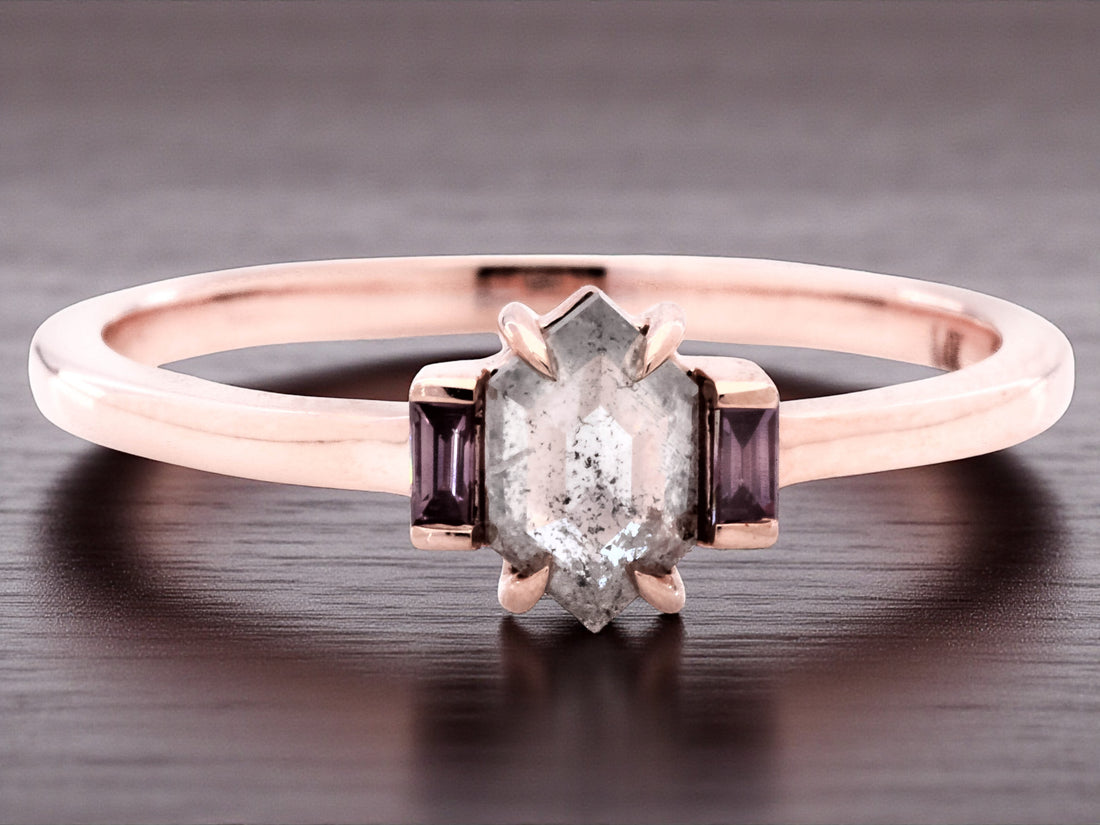 Salt and Pepper Diamond Ring 14K Gold Anniversary Ring, Natural Gray Hexagon Diamond Engagement Ring, Gift for Her