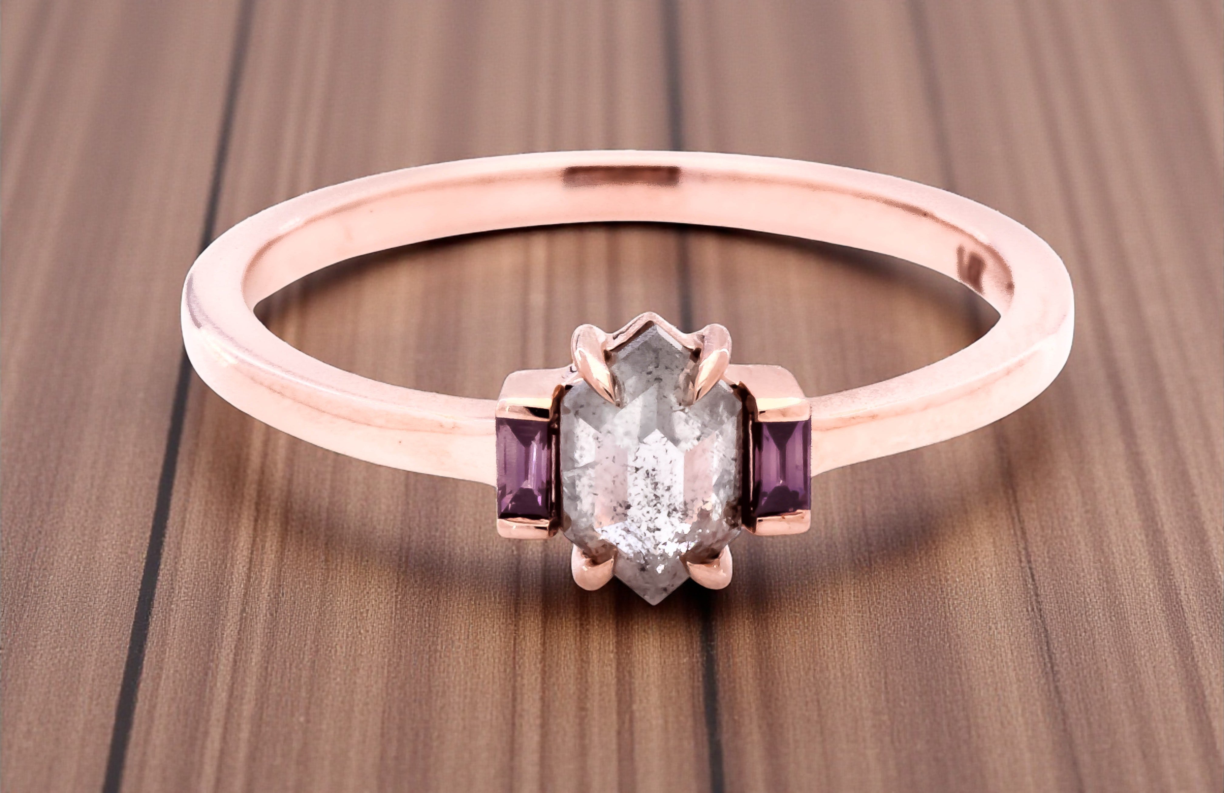 Salt and Pepper Diamond Ring 14K Gold Anniversary Ring, Natural Gray Hexagon Diamond Engagement Ring, Gift for Her