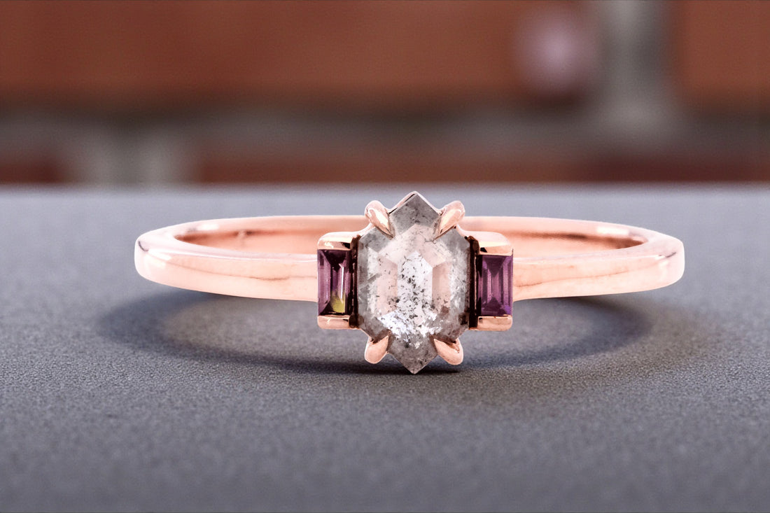 Salt and Pepper Diamond Ring 14K Gold Anniversary Ring, Natural Gray Hexagon Diamond Engagement Ring, Gift for Her