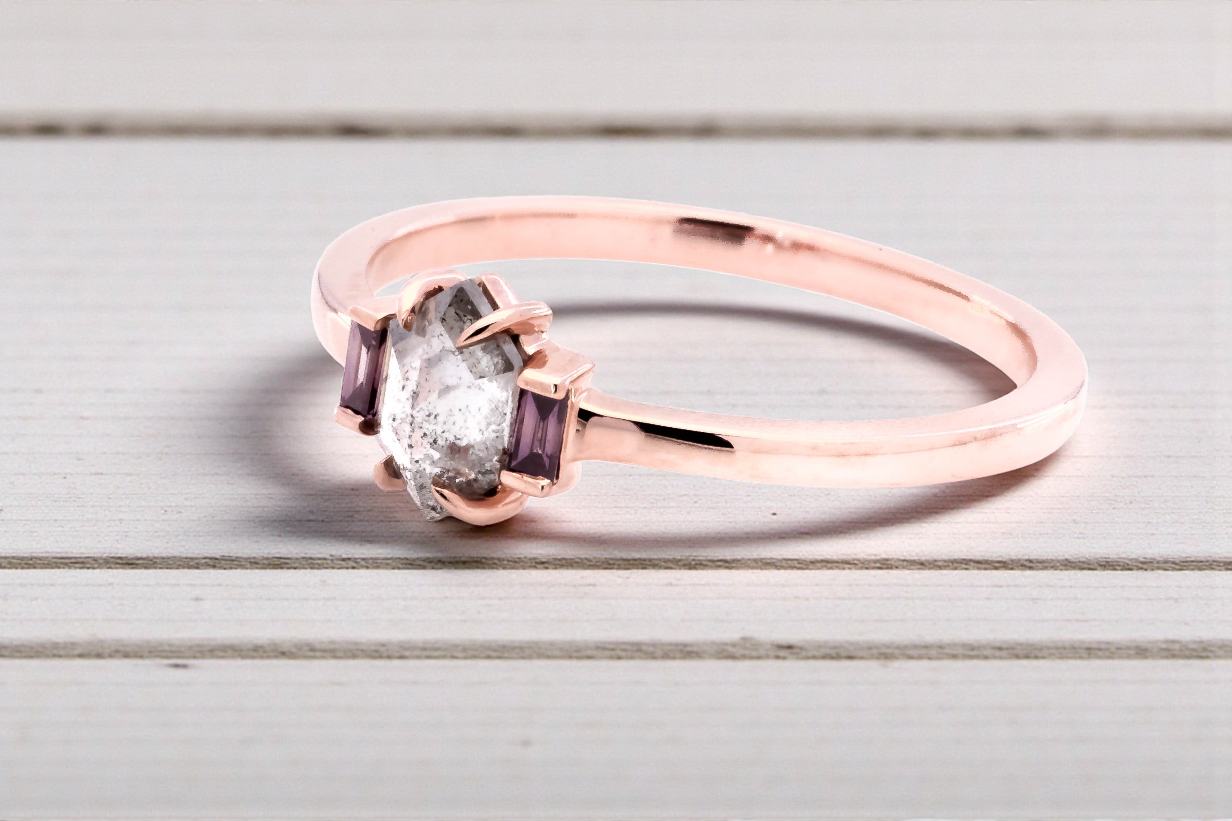 Salt and Pepper Diamond Ring 14K Gold Anniversary Ring, Natural Gray Hexagon Diamond Engagement Ring, Gift for Her