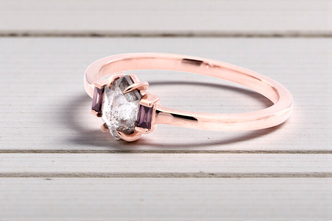 Salt and Pepper Diamond Ring 14K Gold Anniversary Ring, Natural Gray Hexagon Diamond Engagement Ring, Gift for Her