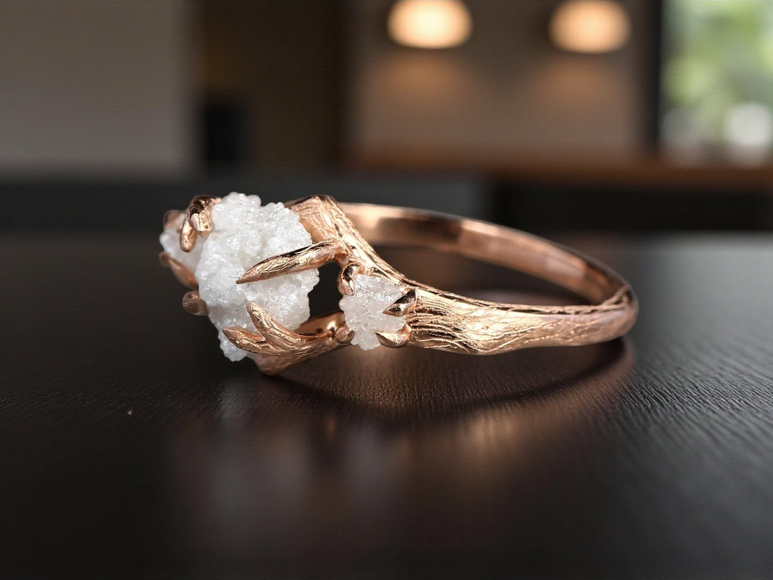 White Rough Diamond Ring 14K Gold Engagement Ring, Natural Raw Diamond Ring, Gift for Her