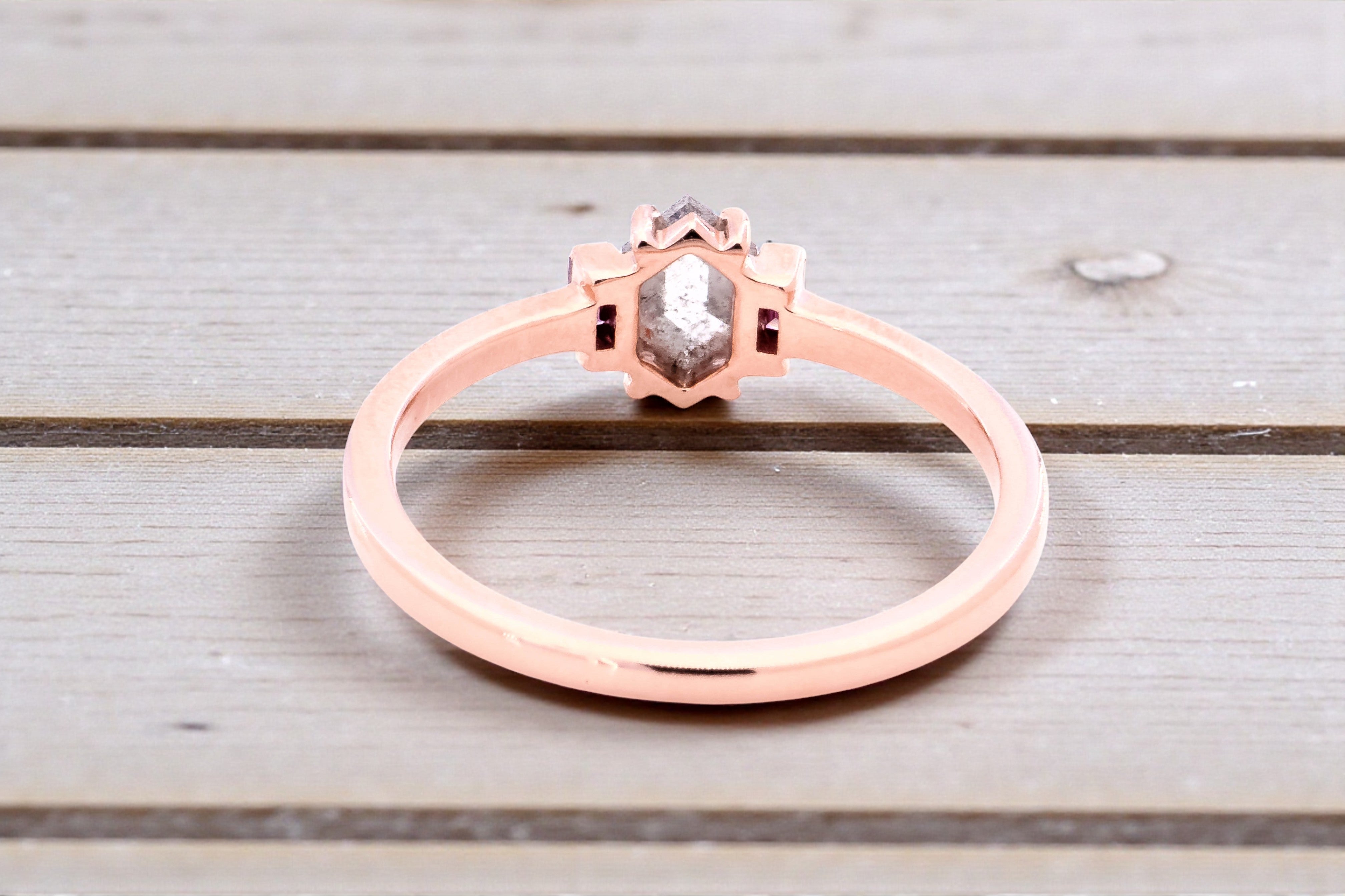 Salt and Pepper Diamond Ring 14K Gold Anniversary Ring, Natural Gray Hexagon Diamond Engagement Ring, Gift for Her