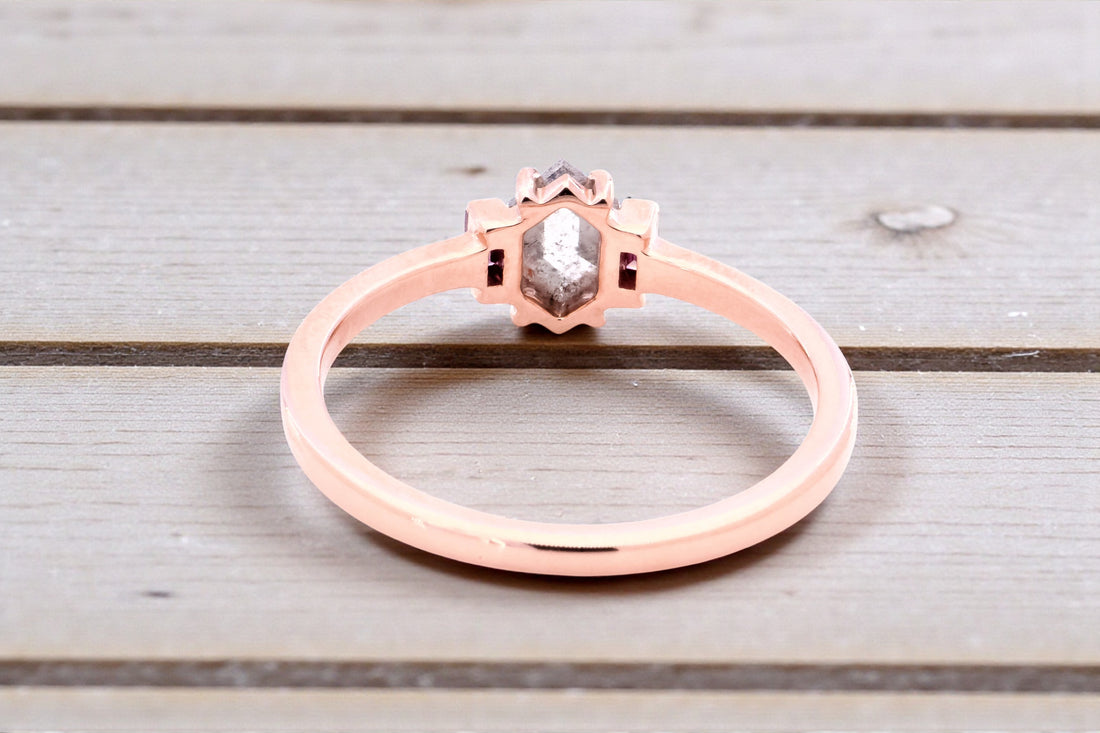 Salt and Pepper Diamond Ring 14K Gold Anniversary Ring, Natural Gray Hexagon Diamond Engagement Ring, Gift for Her