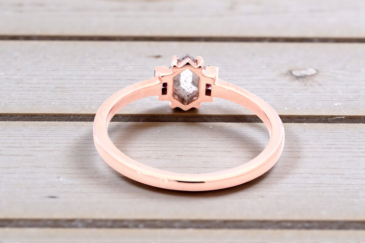 Salt and Pepper Diamond Ring 14K Gold Anniversary Ring, Natural Gray Hexagon Diamond Engagement Ring, Gift for Her