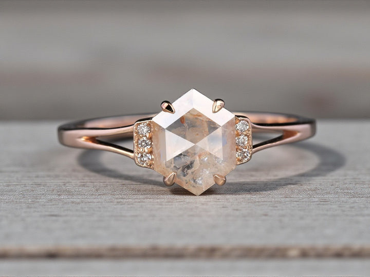 Salt and Pepper Diamond Ring, 14k Gold Engagement Ring, Natural Peach Hexagon Diamond Bezel Ring, Gift for Her