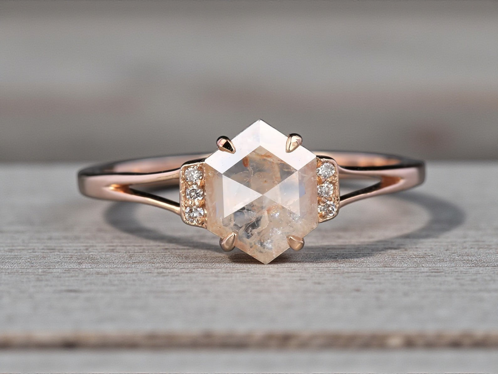 Salt and Pepper Diamond Ring, 14k Gold Engagement Ring, Natural Peach Hexagon Diamond Bezel Ring, Gift for Her